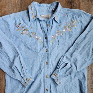 Karen Scott Vintage Denim Western Shirt S Blue Floral Embroidery 100% Cotton